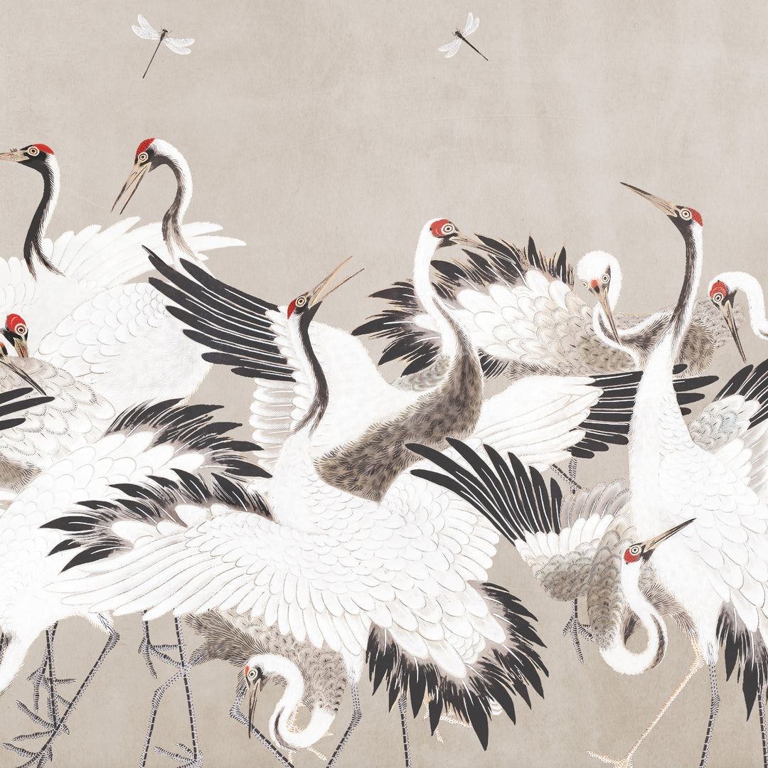 Japanese Vintage Cranes on Light Beige