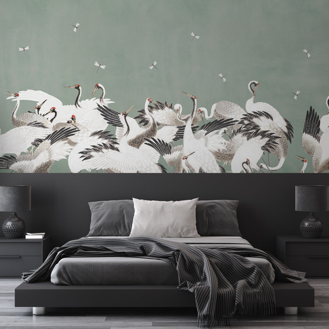 Japanese Vintage Cranes on Dusty Emerald