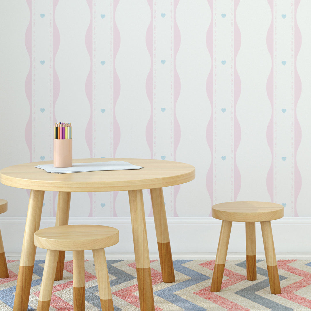 Scallopped Ribbons - Pink With Blue Hearts
