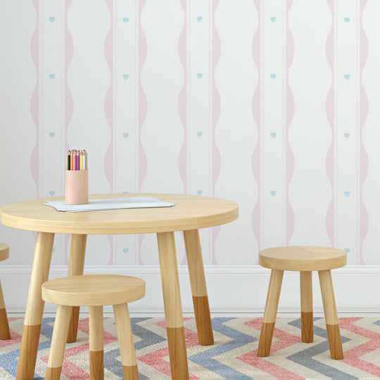 Scallopped Ribbons - Pink With Blue Hearts