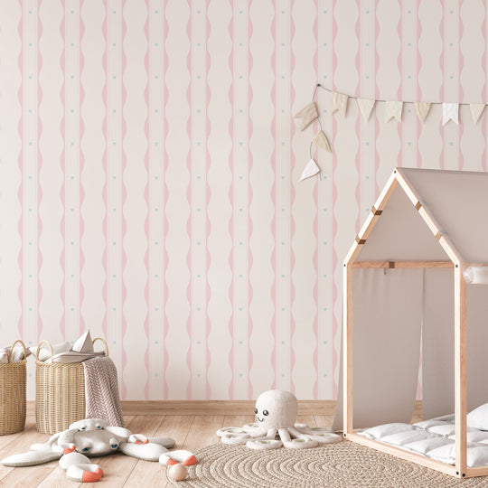 Scallopped Ribbons - Pink With Blue Hearts
