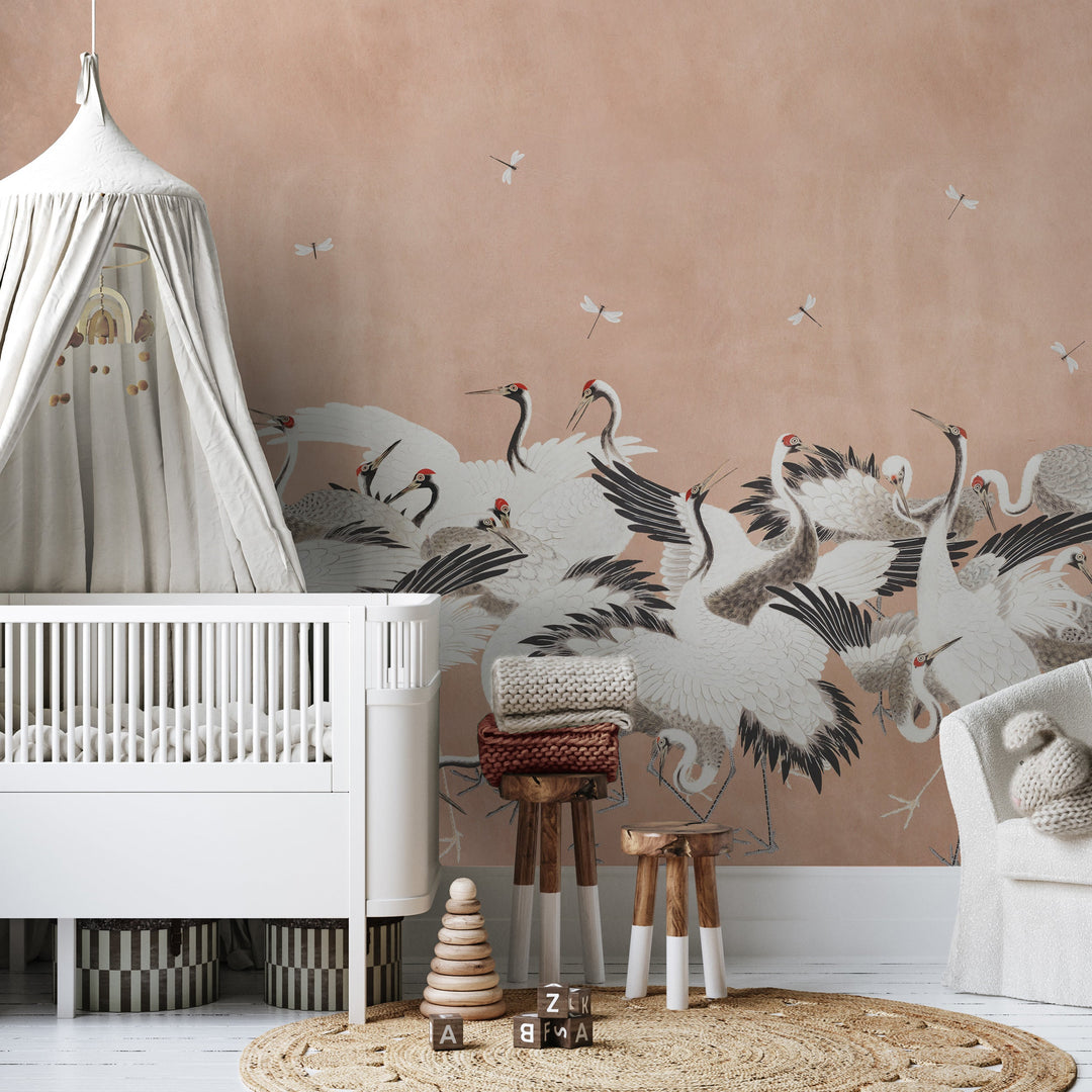Japanese Vintage Cranes on Deep Blush