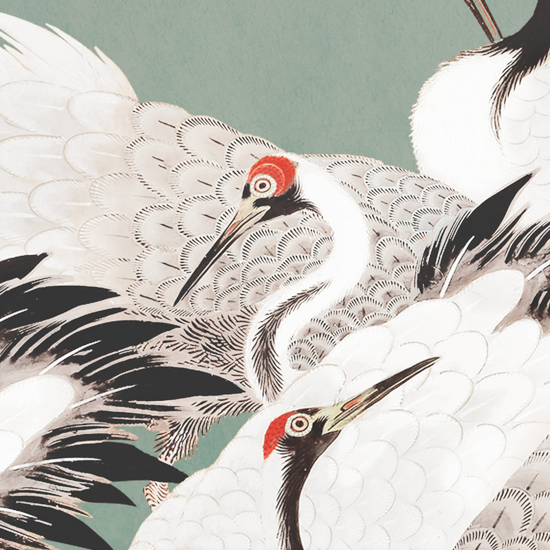 Japanese Vintage Cranes on Dusty Emerald
